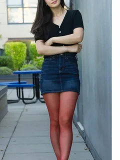 cute asian jean skirt red pantyhose