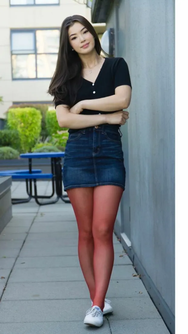 cute asian jean skirt red pantyhose