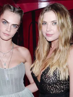 ashley benson and cara delevigne braless in see thru dress on dior lipstick launch party hq