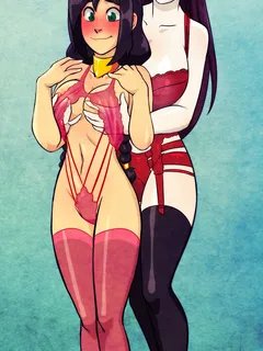 2girls avatar:_the_last_airbender black_hair black_legwear blush breast_grab breasts choker commentary full-face_blush garter_belt garter_straps grabbing grabbing_from_behind green_eyes height_difference highres jin_(avatar) large_breasts lingerie lips li