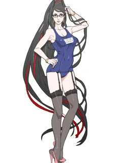 bayonetta black stgockings tights nylon legs high heels schol swimsuit sukumizu glasses anime giirl