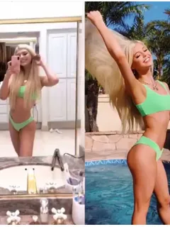 loren gray is looking sexy as hell with big boobs in green bikini