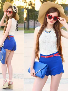 ariadna majewska - banggood white lace top, romwe blue rippled cuff shorts, vj style blue clutch bag, frontrowshop cross strap white wedge shoes, asos straw hat, back stage gold bracelet, romwe blue necklace, ebay red belt, ebay heart shaped red sunglasse