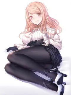 original steelleets high resolution 1girl black gloves black legwear blush breasts dress gloves high heels jewelry large breasts legs long hair looking at viewer lying pantyhose pen.ch pink eyes pink hair red eyes shoes simple background skirt smile solo