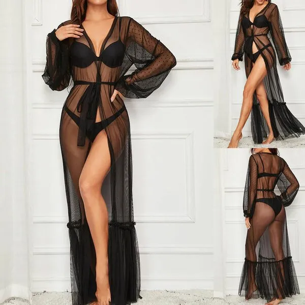 sexy sleepwear see through mesh splice nightgown gown long sleeve dress lingerie for women robe nightdress