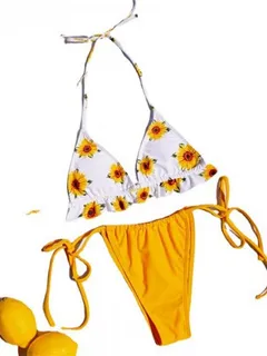 sexy amarillo girasol verano traje de baño halter mujeres trajes de baño correa dos piezas flor trajes de baño bikinis