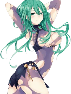 date a live natsumi (date a live) tsunako transparent background 1girl armpits arms up ass blush bodysuit breasts chain cleavage contrapposto gem green eyes green hair long hair smile solo torn bodysuit torn clothes