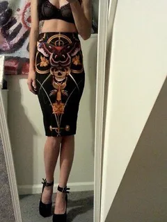 kaity cusmano - black heart lingerie lace bra, iron fist clothing mayan temple pencil skirt, charlotte russe double ankle strap platform heels - depressionista