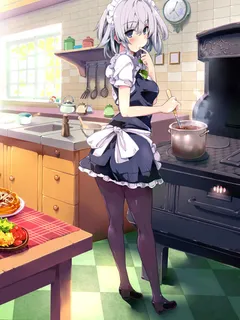 touhou izayoi sakuya morogami ryou 1girl apron black legwear blue eyes blush bow bowl braid checkered checkered floor clock cooking female finger to mouth food hair bow kitchen ladle legs looking at viewer maid maid headdress pantyhose pot short hair silv