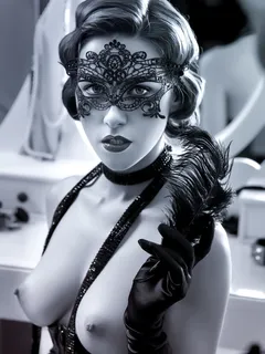 beautiful woman in masquerade mask showing off her perfect chest