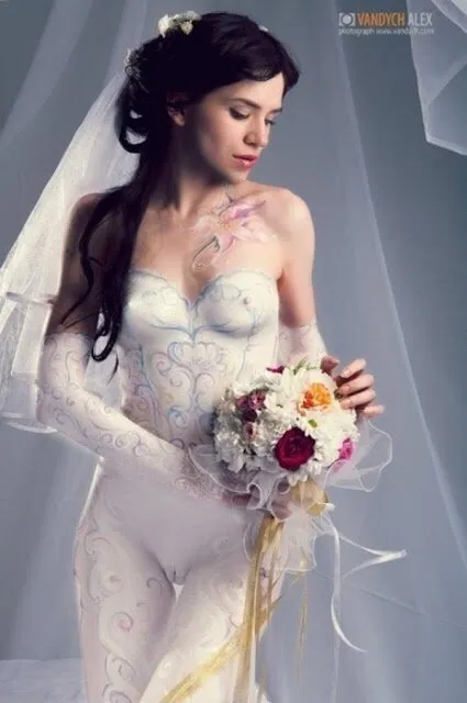 bride with bodypainted wedding dress.