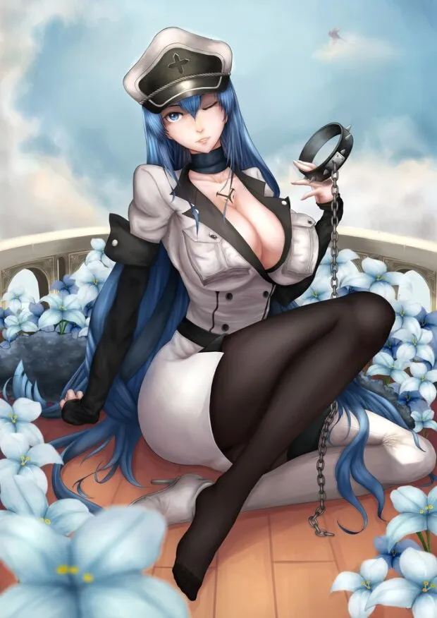 akame ga kill! esdeath kuro1905 high resolution very high resolution 1girl aqua eyes aqua hair blue eyes blue hair boots breasts chain choker cleavage cloud collar crossed legs flower hat large breasts legs long boots long hair looking at viewer military