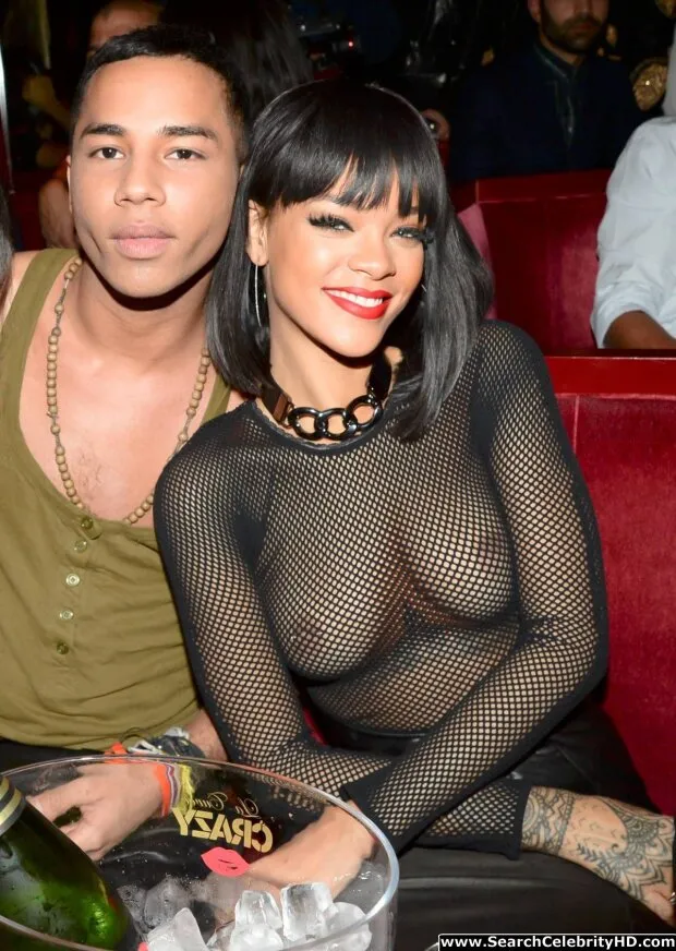 rihanna - braless see-through at balmain fashion show afterparty