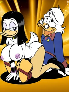 e621 anthro avian big_breasts bird black_hair breasts clothing collaboration duck ducktales duo erect_nipples eyewear fabio_paulino feathers female glasses hair horny_(disambiguation) long_hair looking_back magica_de_spell male male/female nipples nr1231