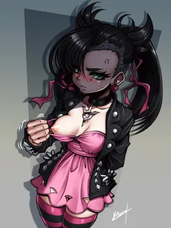 marnie absurd res pokemon sword and shield areola areolae black hair blushing breast outside leggings long hair nipple nipples pink nipples