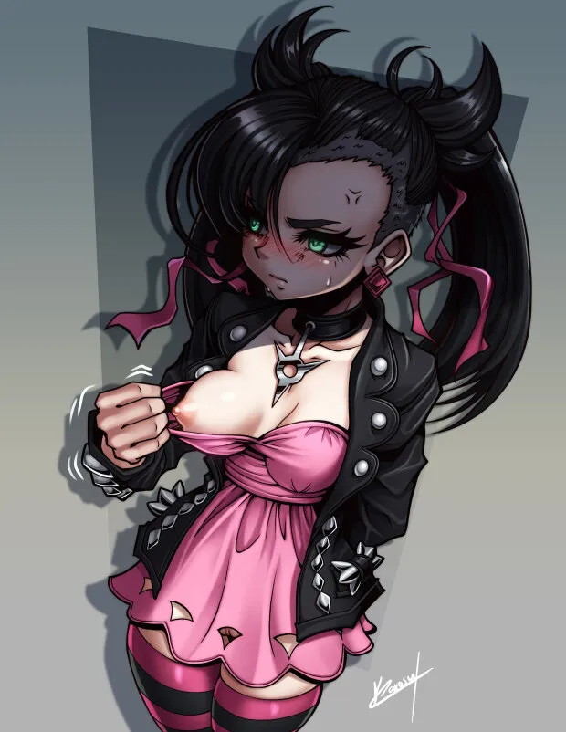 marnie absurd res pokemon sword and shield areola areolae black hair blushing breast outside leggings long hair nipple nipples pink nipples