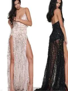 sexy lentejuelas profundo v lado abierto maxi vestido de fiesta sin espalda falda larga hendidura delgado tirantes noche vestido