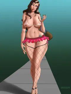 asami_sato avatar_the_last_airbender bikini_top breasts brown_hair cleavage colored exhibitionism eyes_shadow female fishnet fishnet_thighhighs garter_straps green_eyes handbag high_heels large_breasts legoman lm_(legoman) long_hair makeup micro_bikini mi