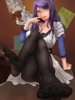 tokyo ghoul kamishiro rize kuro1905 high resolution very high resolution 1girl black legwear blood bra breasts cleavage crossed legs crotch seam dress feet foreshortening hei1905 large breasts legs long hair looking at viewer megane no shoes open mouth pa