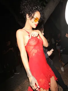 rihanna in see through red dress