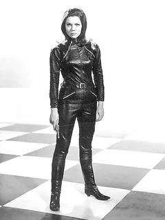 diana rigg as emma peel... smart, beautiful and wears tight leather outfits with lots of zippers!