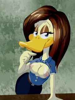 e621 anthro avian beak belt big_breasts bird blue_eyes breasts brown_hair clothed clothing duck eyelashes female hair half-closed_eyes long_hair looney_tunes nipples non-mammal_breasts pink_nipples shirt simple_background skirt smile snus-kun solo the_loo