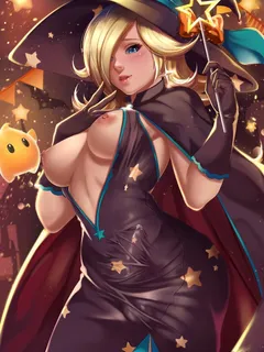 exlic, princess rosalina, halloween, mario (series), highres, patreon username, 1futa, black dress, black gloves, blonde hair, blue eyes, blush, bow, breasts, breasts outside, bulge, center opening, cowboy shot, cum, cum in clothes, cum through clothes, d