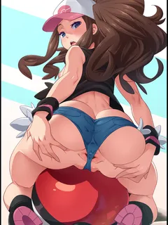 hilda absurd res pokemon nintendo anal gaping anus ass between labia blushing booty shorts breasts outside brown hair long hair looking at viewer looking back open shirt pink nipple pokeball presenting puffy nipple short shorts sideboob spread cheeks squa