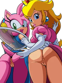 is hotred amy rose princess peach 2018 edit highres crossover sega mario sonic nintendo sonic team super mario bros  ears anthro anthrofied anus ass assisted exposure big ass big butt big eyes black nose blue dress blue eyes bottomless butt clothed clothi