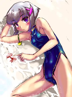 otter kawauso 1girl beach blue eyes cameltoe competition swimsuit crab crustacean lying one-piece swimsuit sand short hair silver hair solo swimsuit bad id