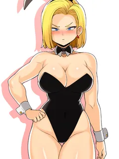 jmg android 18 text watermark absurd res alternate breast size dragon ball dragon ball z alternate outfit big breasts blush breasts bunnysuit bunny ears bunny woman cleavage eye contact female female only half-closed eyes large breasts looking at viewer s