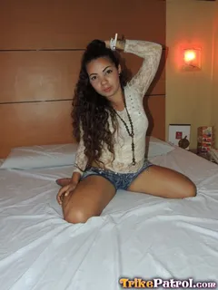 chubby exotic filipina chick in hotel room spreading short-shorts thighs again