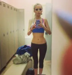 valeria lukyanova in gym locker room fully clothed