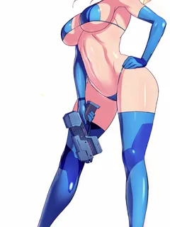 bikini blue_eyes booster-yoshy3 breasts cleavage gun hand_on_hip high_heels large_breasts latex metroid nintendo ponytail rocket_heels samus_aran shiny shiny_clothes shiny_skin simple_background solo standing thigh-high_stockings thong underboob weapon ze