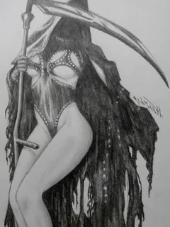 art work of evil evi kane has been drawn as a grim reaper babe like monster with a syph weapon - sgb