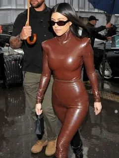 kourtney kardashian in tight latex suit leaving sunday service in paris