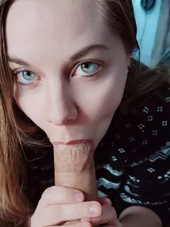 amazing amateur brunette with great blue-eyes sucking on some cock