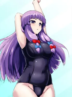 touhou patchouli knowledge ishimura (ishimura-ya) miso (misosiruoisi) pixiv id 1276620 :< 1girl alternative costume armpits arms up bangs blunt bangs bow breasts female hair bow impossible clothes impossible swimsuit large breasts long hair no hat no head