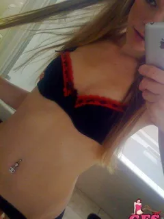 skinny teen gf taking a self shot in her sexy black lingerie