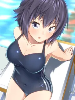 photo kano sanehara hikari ninnzinn high resolution 1girl arm support black eyes black hair blue eyes blue hair blush breasts cleavage clothed navel female hips large breasts legs looking at viewer one-piece swimsuit open mouth pool short hair sitting sol