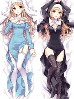 bad_id blonde_hair blue_eyes corruption dakimakura fishnet_legwear fishnets garter_straps garters legwear long_hair multiple_girls nardack nun open_mouth original purple_eyes safety_pin smile thighhighs white_legwear zettai_ryouiki