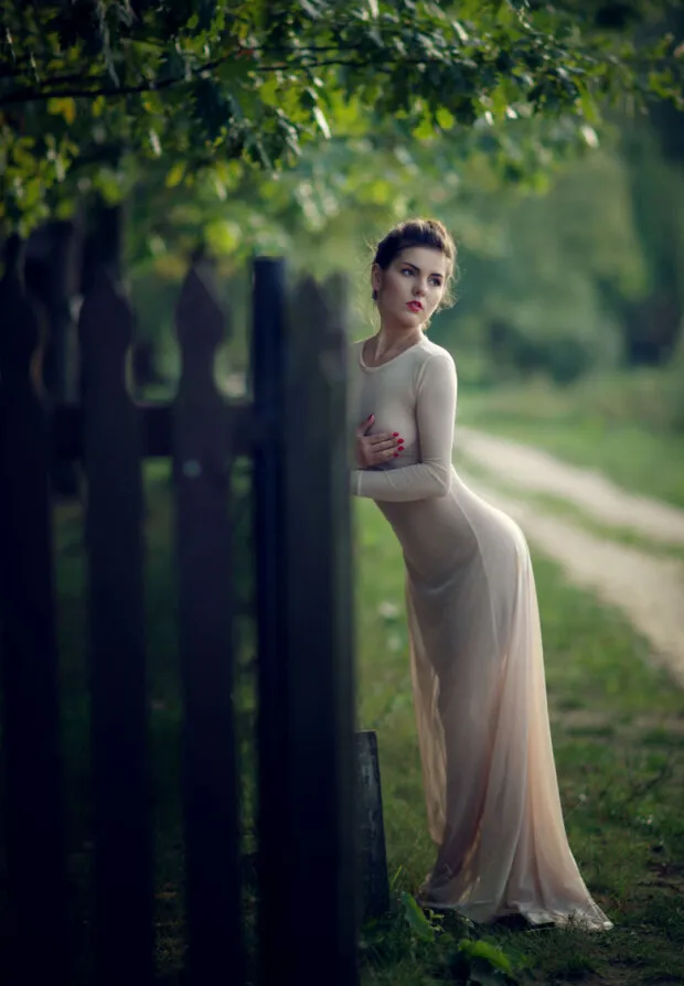 pretty model posing outdoors in long see thru dress