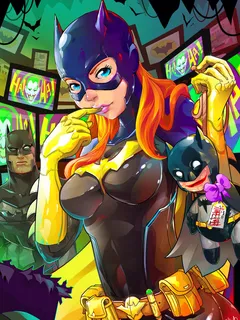 barbara_gordon bat bat_(symbol) batcave batgirl batman batman_(series) belt bruce_wayne cape dc_comics gloves green_hair laugh mask orange_hair screen shawn_yap the_joker toy