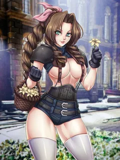 town slut aerith, picking her favourite flowers, bra less and tight booty shorts.