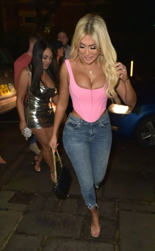 chloe ferry braless boobs in a sexy tight pink corset top showing off her big tits seen by paparazzi.